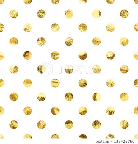 Gold foil seamless texture, shiny handmade circles. Golden glittering pattern. Shining hand drawn background. Wedding, greeting card decoration elements. Modern minimalist art. Vector illustration 138428766