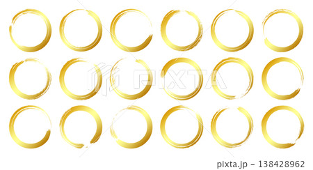 Golden grunge circles, brush strokes, lines, ink smudges, hand-drawn scribble shapes. Handmade sketchy marks, acrylic stains, charcoal streaks. Paint textures, dry brush effect. Vector illustration 138428962