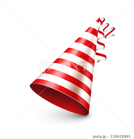 Party shiny hat with ribbon. Festive holiday decoration for celebration, birthday or carnival. Fun party accessor, greeting cards, posters, invitations, banner, design projects. Vector illustration 138428991
