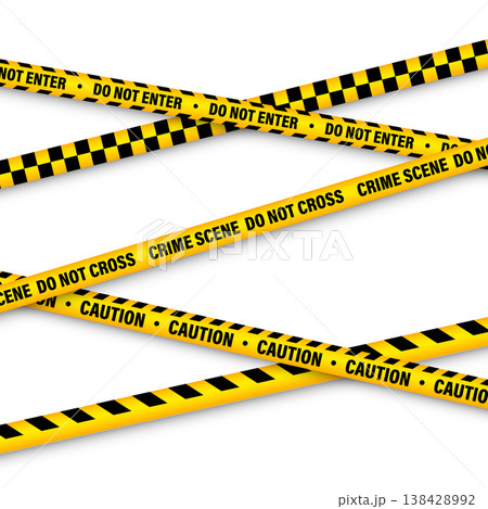 Barricade construction tape. Colorful police warning line, brightly colored danger or hazard stripe, ribbon. Restricted area, zone. Attention symbol. Vector illustration Barricade construction tape. Colorful police warning line, brightly colored danger or hazard stripe, ribbon. Restricted area, zone. Attention symbol. Vector illustration 138428992