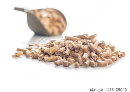 Wood Pellets With Metal Scoop Pile Biomass Fuel For Heating And Renewable Energy Applications Wood Pellets With Metal Scoop Pile Biomass Fuel For Heating And Renewable Energy Applications 138429046