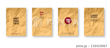 Colorful yellow crumpled recycled paper texture. Rough grunge old kraft wrapping paper background. Vintage blank packaging sheet. Vector illustration 138429067