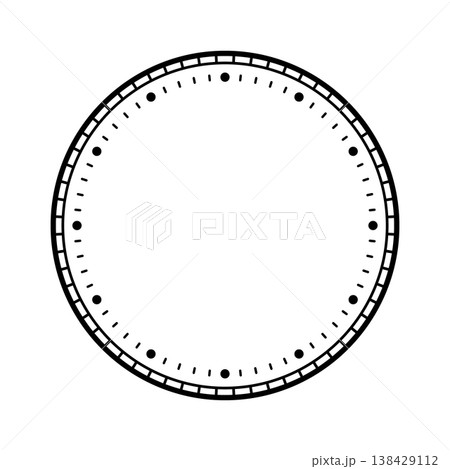 Mechanical clock face, bezel. Watch dial with minute and hour marks. Timer or stopwatch element. Blank measuring circle scale with divisions. Vector illustration Mechanical clock face, bezel. Watch dial with minute and hour marks. Timer or stopwatch element. Blank measuring circle scale with divisions. Vector illustration 138429112