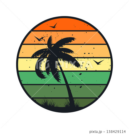 Grunge vintage sunset. Colorful striped sunrise badge in 80s and 90s style. Sun and ocean view, summer vibes, surfing. Design element for print, logo or t-shirt. Vector illustration Grunge vintage sunset. Colorful striped sunrise badge in 80s and 90s style. Sun and ocean view, summer vibes, surfing. Design element for print, logo or t-shirt. Vector illustration 138429114