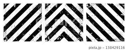 Warning sign with black diagonal lines. Attention, danger or caution symbol. Construction site signage, road safety notice, hazard banner, security alert shield. Vector illustration 138429116