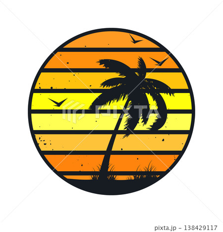 Grunge vintage sunset. Colorful striped sunrise badge in 80s and 90s style. Sun and ocean view, summer vibes, surfing. Design element for print, logo or t-shirt. Vector illustration Grunge vintage sunset. Colorful striped sunrise badge in 80s and 90s style. Sun and ocean view, summer vibes, surfing. Design element for print, logo or t-shirt. Vector illustration 138429117
