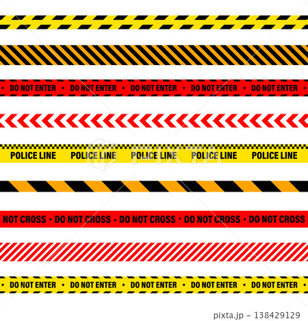 Barricade construction tape. Colorful police warning line, brightly colored danger or hazard stripe, ribbon. Restricted area, zone. Attention symbol. Vector illustration Barricade construction tape. Colorful police warning line, brightly colored danger or hazard stripe, ribbon. Restricted area, zone. Attention symbol. Vector illustration 138429129