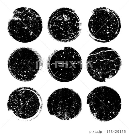 Grunge circles with stains and scratches. Circle brush stroke, round shape design element. Distressed dirty text frame, border, sticker or label. Paintbrush, ink stains. Vector illustration Grunge circles with stains and scratches. Circle brush stroke, round shape design element. Distressed dirty text frame, border, sticker or label. Paintbrush, ink stains. Vector illustration 138429136
