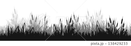 Meadow silhouette with grass, plants on plain. Panoramic summer lawn landscape with herbs, various weeds. Herbal border, frame element. Black horizontal banners. Vector illustration Meadow silhouette with grass, plants on plain. Panoramic summer lawn landscape with herbs, various weeds. Herbal border, frame element. Black horizontal banners. Vector illustration 138429233