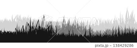 Meadow silhouette with grass, plants on plain. Panoramic summer lawn landscape with herbs, various weeds. Herbal border, frame element. Black horizontal banners. Vector illustration 138429286