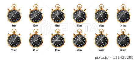 Realistic classic stopwatch. Shiny golden metal chronometer, time counter with dial. Countdown timer showing minutes and seconds. Time measurement for sport, start, finish. Vector illustration Realistic classic stopwatch. Shiny golden metal chronometer, time counter with dial. Countdown timer showing minutes and seconds. Time measurement for sport, start, finish. Vector illustration 138429299