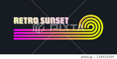 Vintage colorful sunset. Various gradient striped sunrise badges in 80s and 90s style. Sun and ocean view, summer vibes, surfing. Design element for print, logo or t-shirt. Vector illustration 138429304