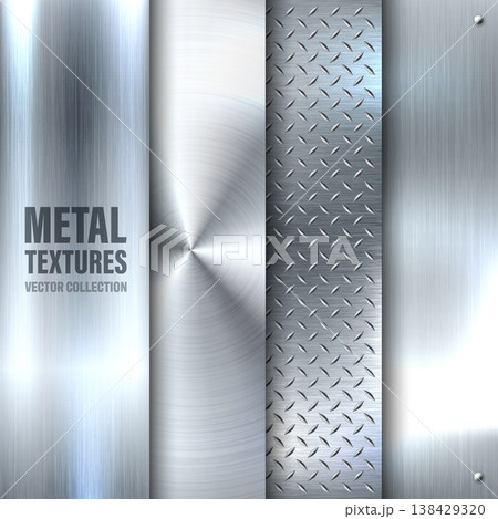 Realistic metal banners. Brushed steel or aluminium plate. Polished metal surface. Old grunge texture with scratches. Vector illustration Realistic metal banners. Brushed steel or aluminium plate. Polished metal surface. Old grunge texture with scratches. Vector illustration 138429320