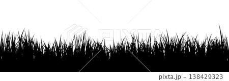 Meadow silhouette with grass, plants on plain. Panoramic summer lawn landscape with herbs, various weeds. Herbal border, frame element. Black horizontal banners. Vector illustration 138429323