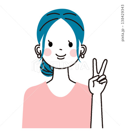 まとめ髪の若い女性　笑顔でピースをしている女性 138429343