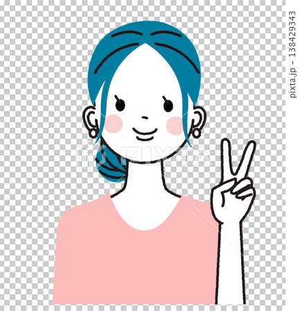 まとめ髪の若い女性　笑顔でピースをしている女性 138429343