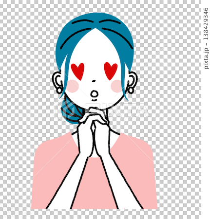 A young woman with her hair tied up; a woman who is captivated and has heart-shaped eyes. A young woman with her hair tied up; a woman who is captivated and has heart-shaped eyes. 138429346
