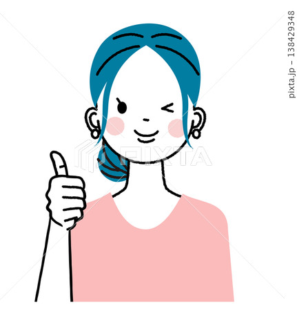 まとめ髪の若い女性 親指を立てていいねのポーズをしている女性 まとめ髪の若い女性 親指を立てていいねのポーズをしている女性 138429348
