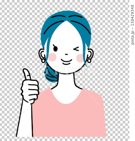 まとめ髪の若い女性 親指を立てていいねのポーズをしている女性 まとめ髪の若い女性 親指を立てていいねのポーズをしている女性 138429348