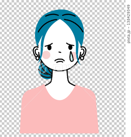 一位頭髮紮起來的年輕女子；一位表情悲傷、哭泣的女子。 138429349