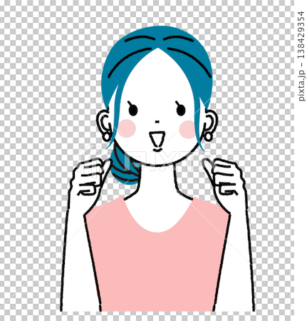 まとめ髪の若い女性 笑顔でガッツポーズをしている女性 まとめ髪の若い女性 笑顔でガッツポーズをしている女性 138429354