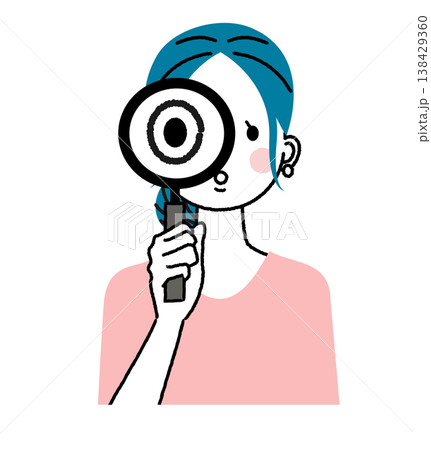 まとめ髪の若い女性 虫眼鏡で見ている女性 まとめ髪の若い女性 虫眼鏡で見ている女性 138429360