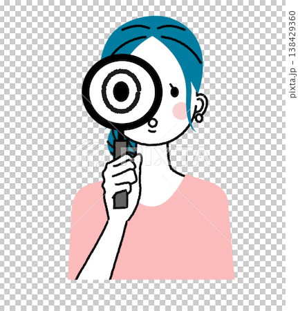 まとめ髪の若い女性 虫眼鏡で見ている女性 まとめ髪の若い女性 虫眼鏡で見ている女性 138429360