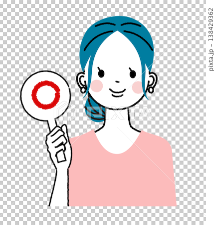 まとめ髪の若い女性 丸のプラカードを出している女性 まとめ髪の若い女性 丸のプラカードを出している女性 138429362