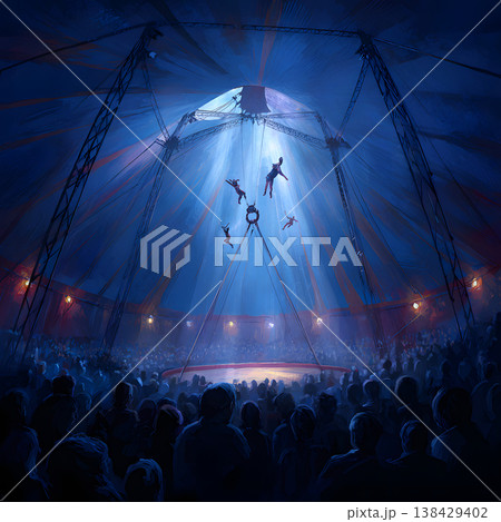 スポットライトの下で空中ブランコを披露するサーカス公演のイラスト 138429402