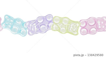 Watercolor gummy bear seamless border. Tender candy in the shape of a bear. Clip art. Perfect for designing and packaging sweets and vitamins. Watercolor gummy bear seamless border. Tender candy in the shape of a bear. Clip art. Perfect for designing and packaging sweets and vitamins. 138429580