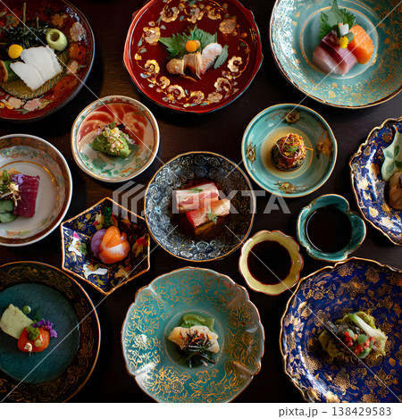 美しい器に盛られた高級会席料理の俯瞰構図 138429583