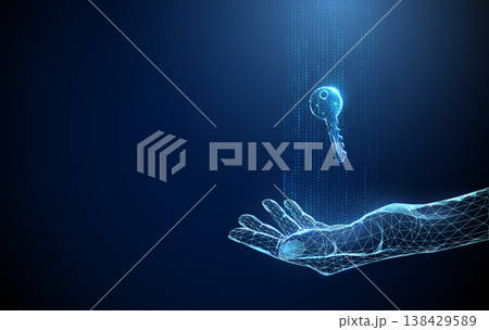 3d digital key above open palm within vertical data stream. Secure cloud access, digital identity management contactless authorization, cybersecurity infrastructure concept 138429589