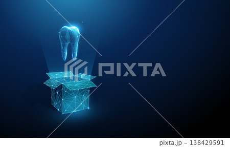 3d blue tooth floating above an open box. Dental regeneration, restorative dentistry, dental implants placement, surgical treatment, regenerative dentistry concept 3d blue tooth floating above an open box. Dental regeneration, restorative dentistry, dental implants placement, surgical treatment, regenerative dentistry concept 138429591