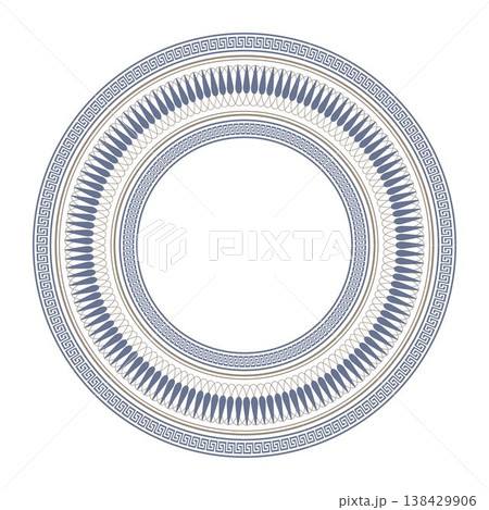 Vector round classic frame. Greek key meander. Patterns of Greece, ancient Rome. Circle european border. Round antique border from Greek. Typical egyptian, assyrian, greek. Classic Greek key design Vector round classic frame. Greek key meander. Patterns of Greece, ancient Rome. Circle european border. Round antique border from Greek. Typical egyptian, assyrian, greek. Classic Greek key design 138429906