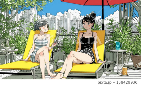 プールサイドのデッキチェアで談笑する女友達たち｜夏のリゾートで過ごすリラックスしたライフスタイルイメ