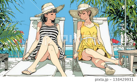 プールサイドのデッキチェアで談笑する女友達たち｜夏のリゾートで過ごすリラックスしたライフスタイルイメ