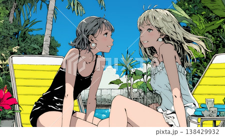 プールサイドのデッキチェアで談笑する女友達たち｜夏のリゾートで過ごすリラックスしたライフスタイルイメ