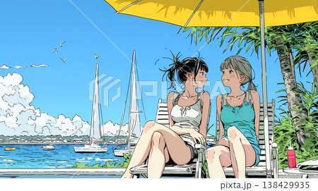 プールサイドのデッキチェアで談笑する女友達たち｜夏のリゾートで過ごすリラックスしたライフスタイルイメ