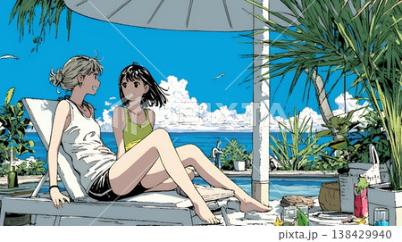 プールサイドのデッキチェアで談笑する女友達たち｜夏のリゾートで過ごすリラックスしたライフスタイルイメ