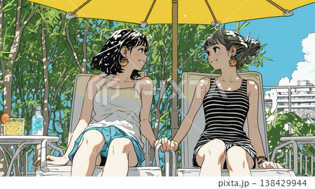 プールサイドのデッキチェアで談笑する女友達たち｜夏のリゾートで過ごすリラックスしたライフスタイルイメ