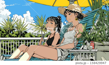 プールサイドのデッキチェアで談笑する女友達たち｜夏のリゾートで過ごすリラックスしたライフスタイルイメ