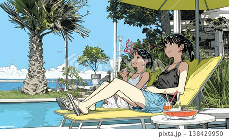 プールサイドのデッキチェアで談笑する女友達たち｜夏のリゾートで過ごすリラックスしたライフスタイルイメ