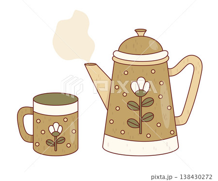 Artisan Scandi Coffee Pot and Mug. Hand Drawn Ceramic Kitchenware with Floral Pattern. Isolated Cozy Pottery Pair for Morning Ritual and Cafe Branding. Vector Illustration. Artisan Scandi Coffee Pot and Mug. Hand Drawn Ceramic Kitchenware with Floral Pattern. Isolated Cozy Pottery Pair for Morning Ritual and Cafe Branding. Vector Illustration. 138430272