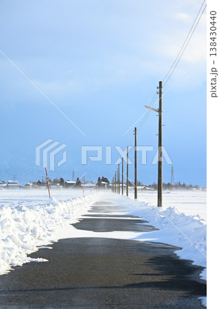越後平野の雪道と電柱の風景（新潟県新潟市） 138430440
