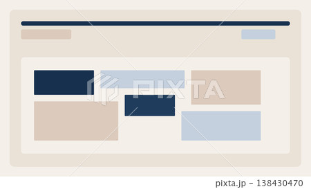 Horizontal interface layout with top navigation line and scattered content blocks in modern minimal UI design showing dynamic composition for web application system 138430470