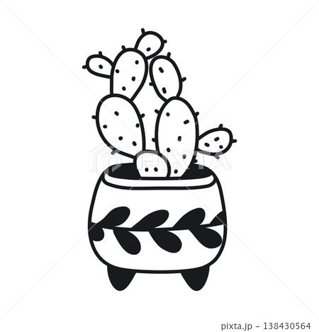 Potted cactus black doodle illustration on white background 138430564