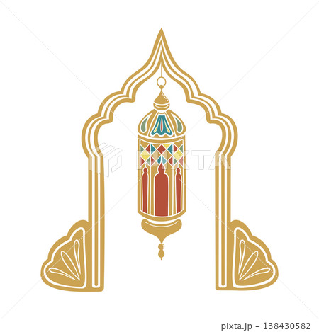Turkish traditional mosaic lamp in golden arch. Hand drawn vector illustration flat. For interior designs magazines, oriental coffee house and parties, holidays, greeting cards banners clip arts. 138430582