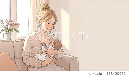 部屋で優しく赤ちゃんに授乳する母親の温かいイラスト 138430982