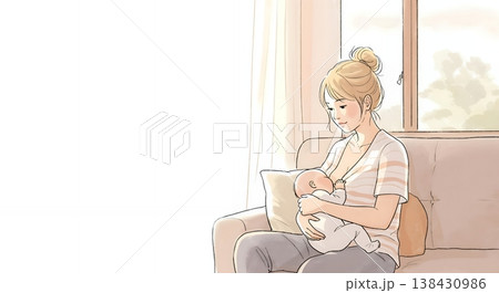 部屋で優しく赤ちゃんに授乳する母親の温かいイラスト 138430986