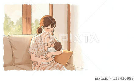部屋で優しく赤ちゃんに授乳する母親の温かいイラスト 138430988